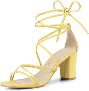 Allegra K Women's Strappy Lace Up Chunky Heeled Sandals