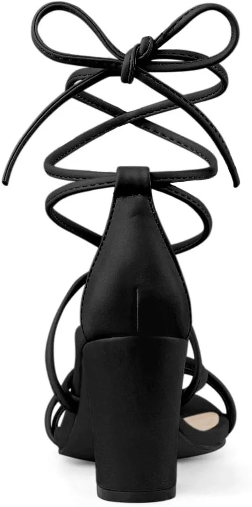Allegra K Women's Strappy Lace Up Chunky Heeled Sandals