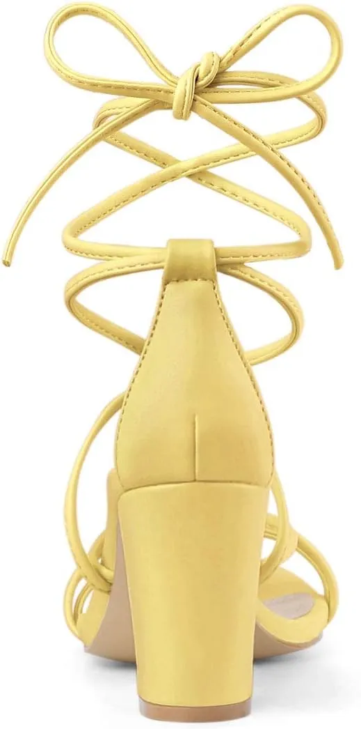 Allegra K Women's Strappy Lace Up Chunky Heeled Sandals