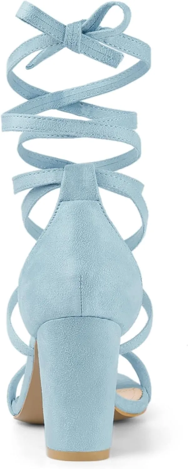 Allegra K Women's Strappy Lace Up Heel Chunky High Heels Sandals