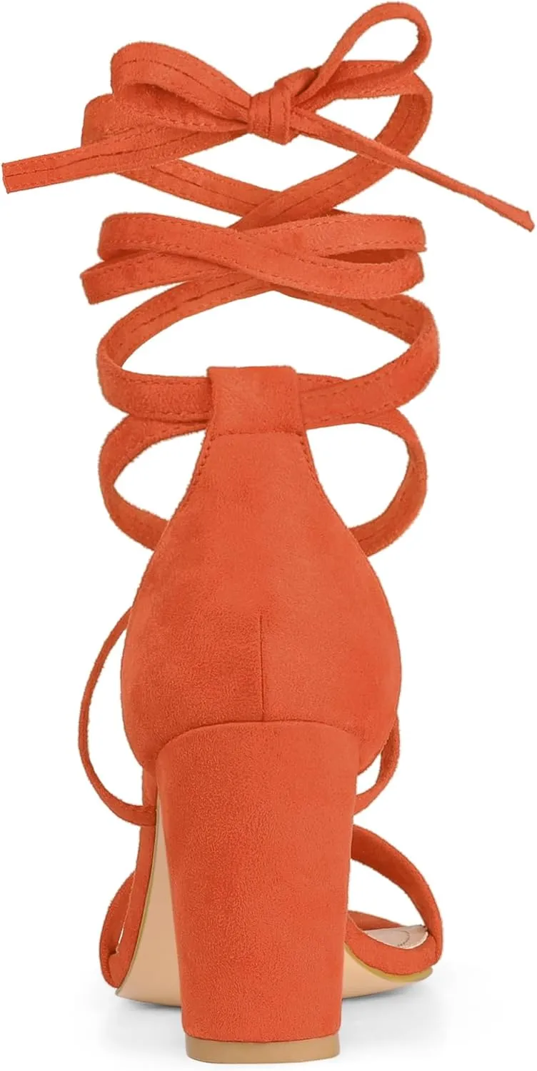 Allegra K Women's Strappy Lace Up Heel Chunky High Heels Sandals