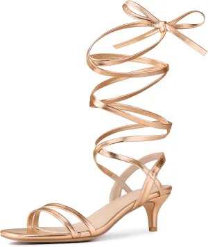 Allegra K Women's Strappy Lace Up Slingback Kitten Heel Sandals