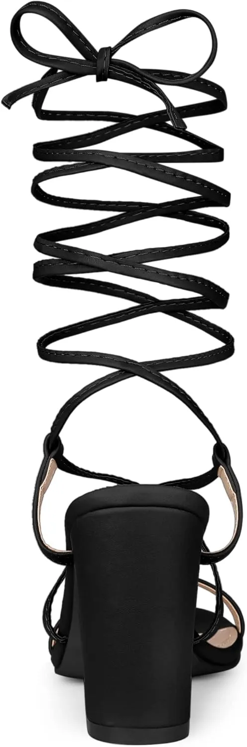 Allegra K Women's Strappy One Strap Lace Up Chunky Heels Sandals