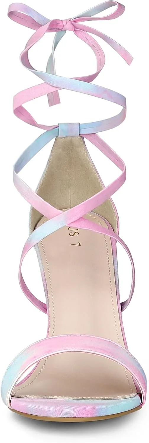 Allegra K Women's Tie Dye Lace Up Stiletto Heel Sandals