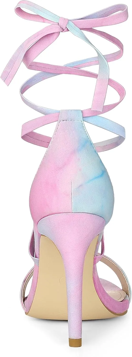 Allegra K Women's Tie Dye Lace Up Stiletto Heel Sandals