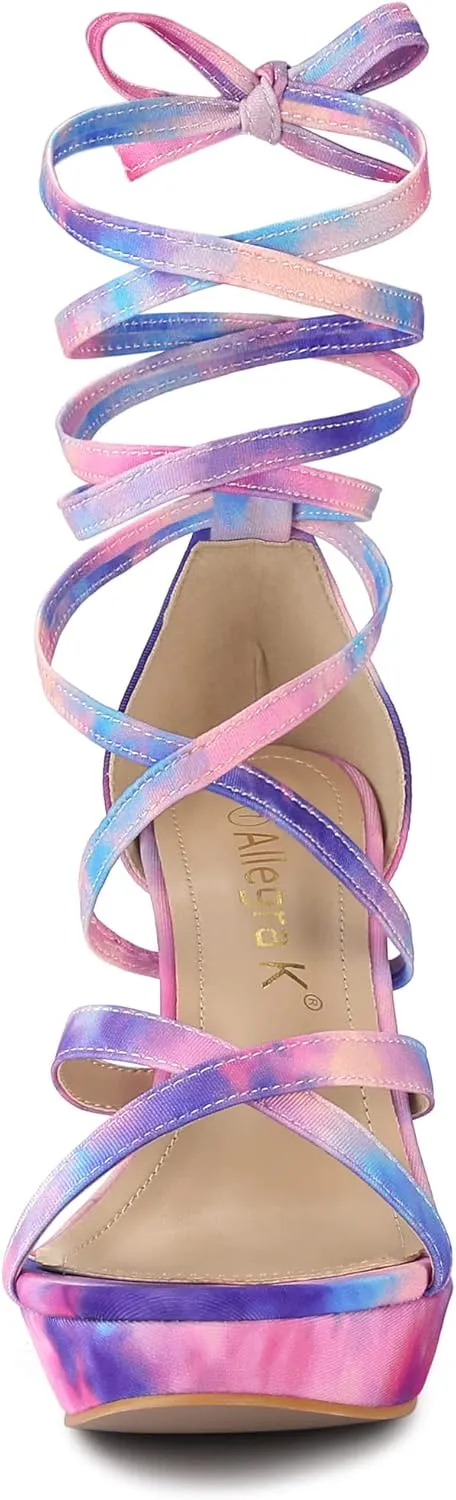 Allegra K Women's Tie Dye Platform Chunky Heel Lace Up Sandals