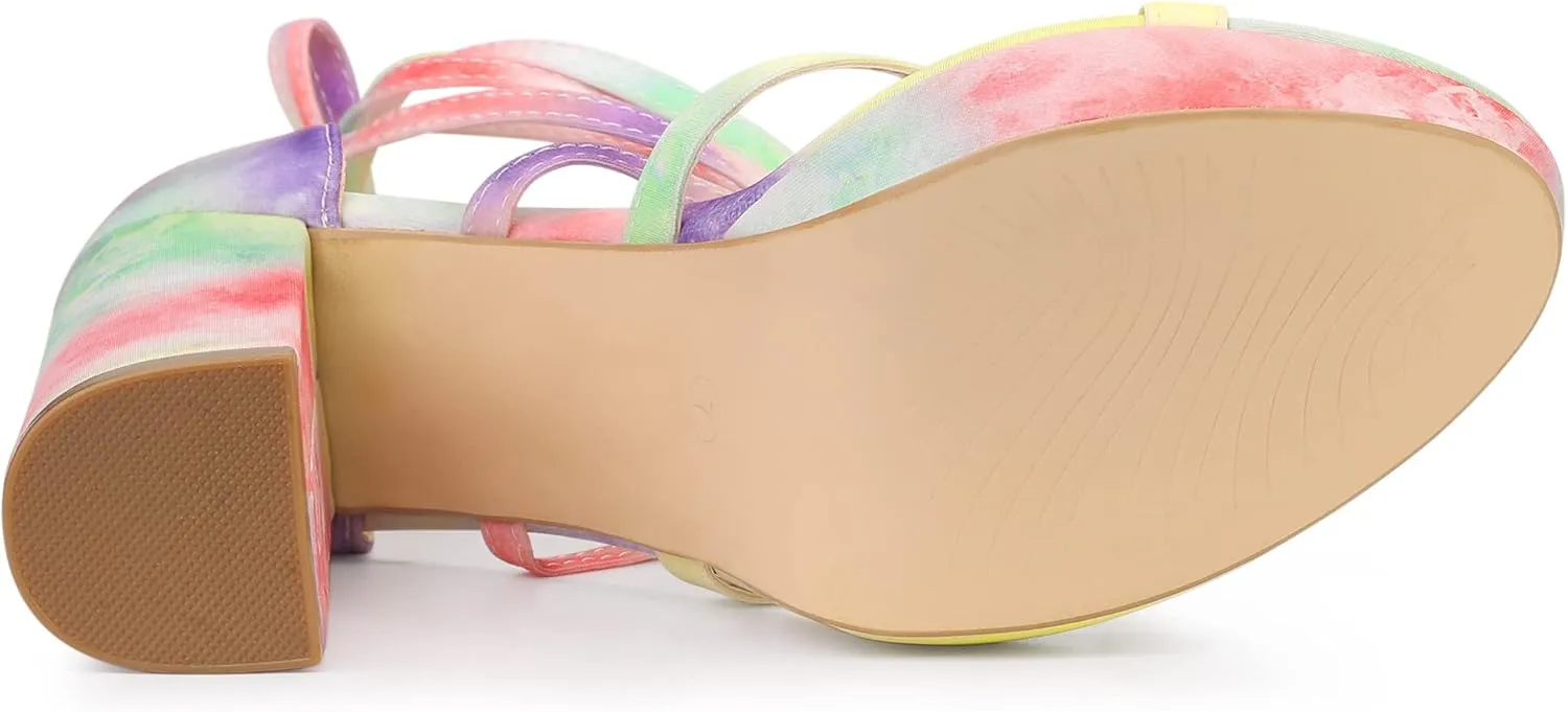Allegra K Women's Tie Dye Platform Chunky Heel Lace Up Sandals