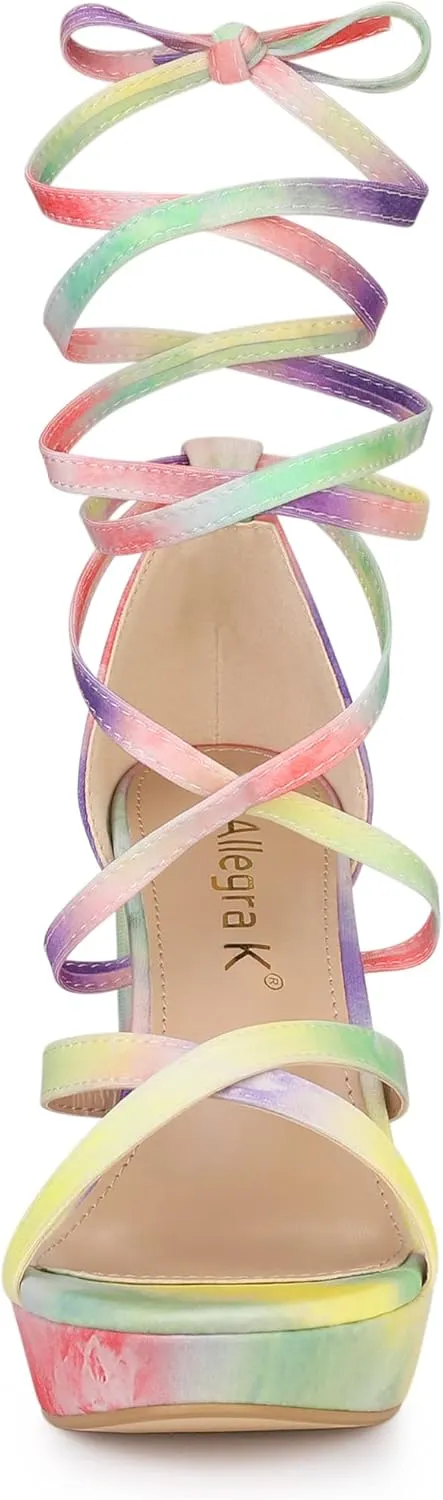 Allegra K Women's Tie Dye Platform Chunky Heel Lace Up Sandals