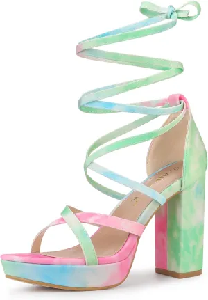 Allegra K Women's Tie Dye Platform Chunky Heel Lace Up Sandals