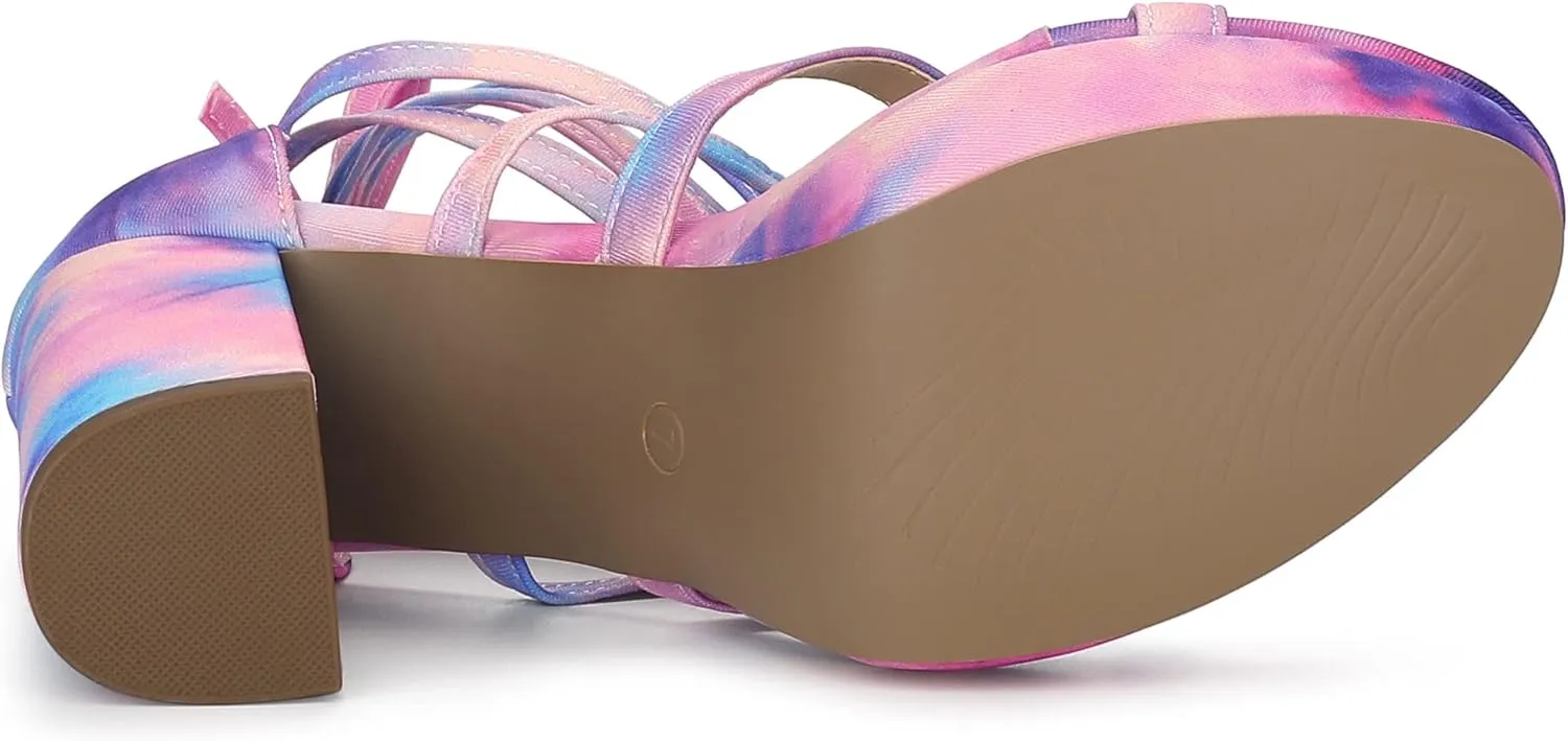Allegra K Women's Tie Dye Platform Chunky Heel Lace Up Sandals