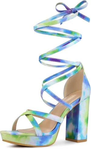 Allegra K Women's Tie Dye Platform Chunky Heel Lace Up Sandals