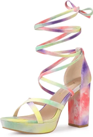 Allegra K Women's Tie Dye Platform Chunky Heel Lace Up Sandals