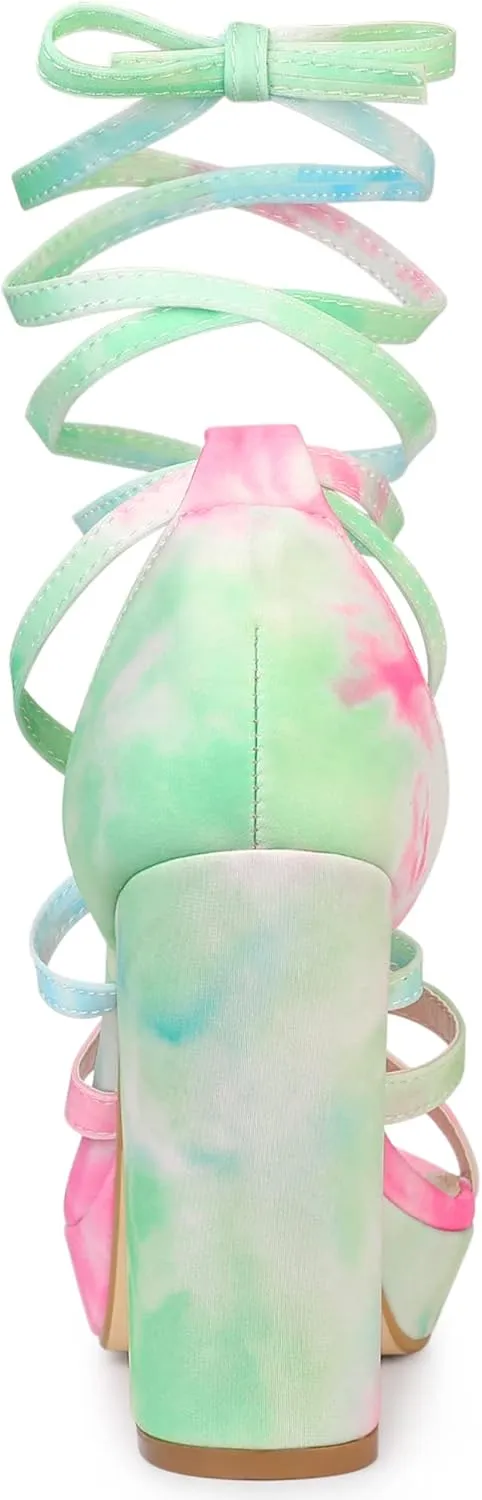 Allegra K Women's Tie Dye Platform Chunky Heel Lace Up Sandals