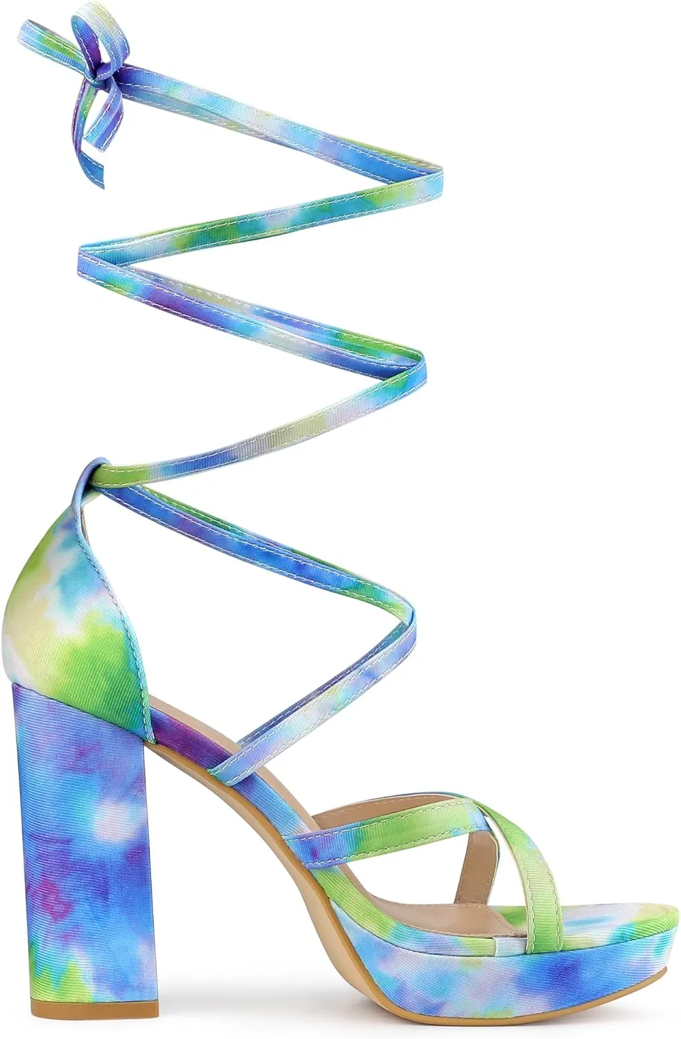 Allegra K Women's Tie Dye Platform Chunky Heel Lace Up Sandals