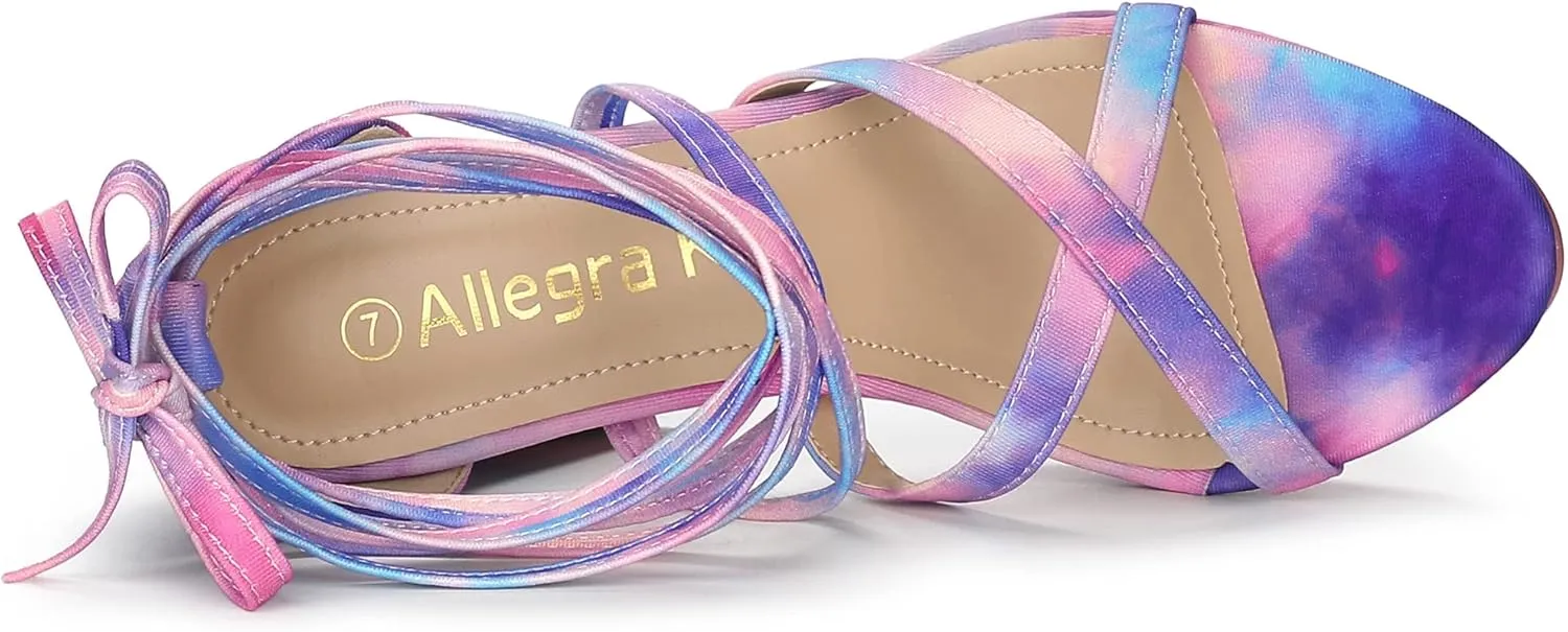 Allegra K Women's Tie Dye Platform Chunky Heel Lace Up Sandals