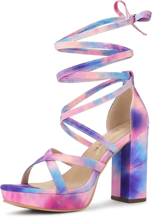 Allegra K Women's Tie Dye Platform Chunky Heel Lace Up Sandals