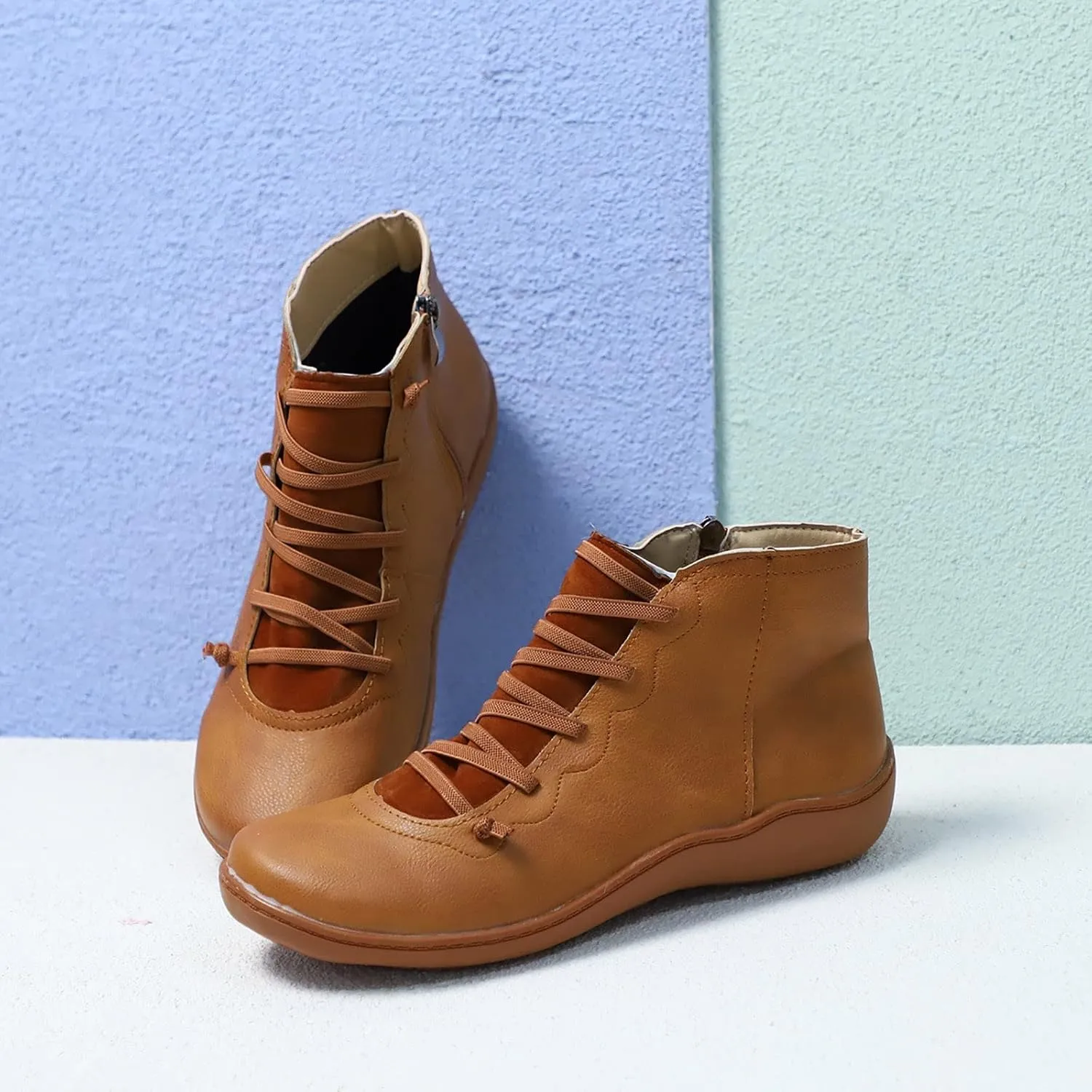AMDBEL Boots for Women Ankle Booties, Women's Boots Slip on Flat Boots Arch Support Lace up Retro Booties Winter Fall Shoes
