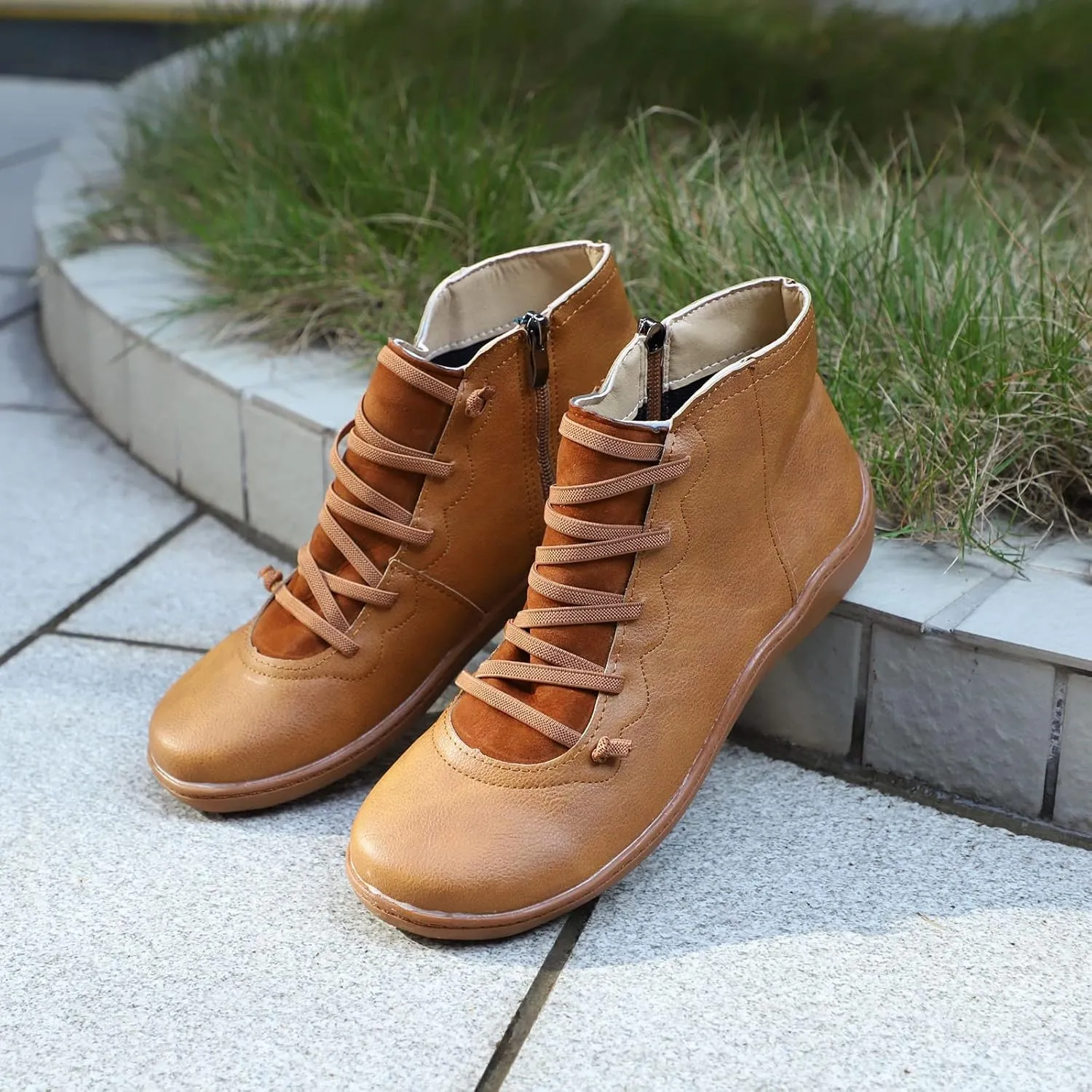 AMDBEL Boots for Women Ankle Booties, Women's Boots Slip on Flat Boots Arch Support Lace up Retro Booties Winter Fall Shoes