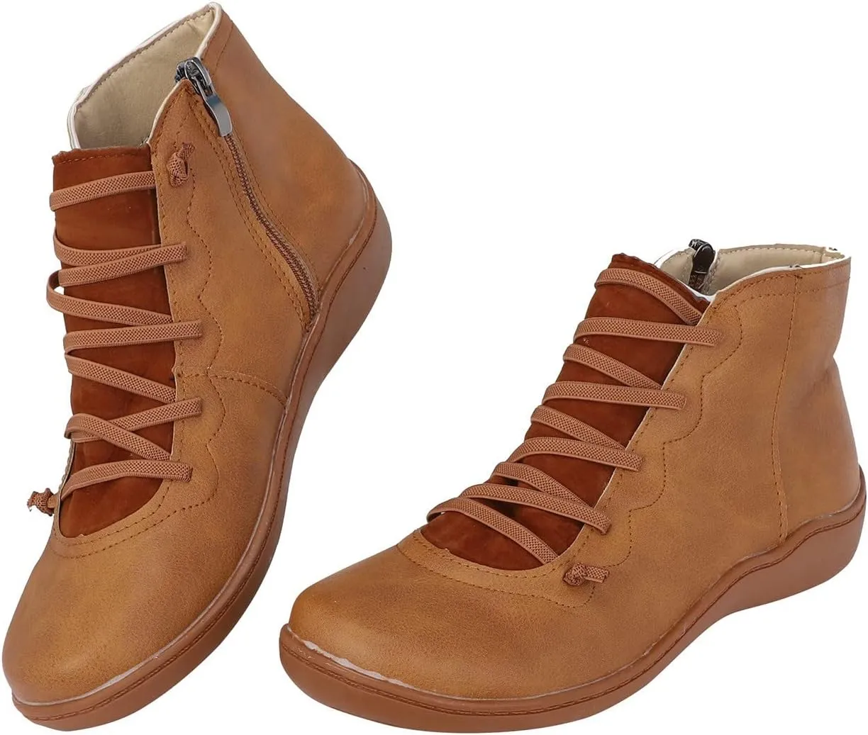 AMDBEL Boots for Women Ankle Booties, Women's Boots Slip on Flat Boots Arch Support Lace up Retro Booties Winter Fall Shoes