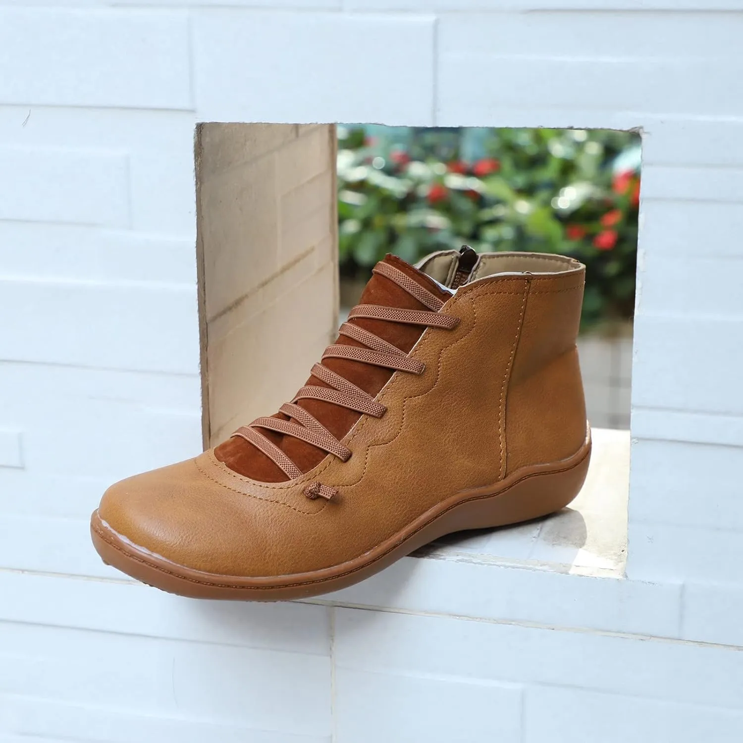 AMDBEL Boots for Women Ankle Booties, Women's Boots Slip on Flat Boots Arch Support Lace up Retro Booties Winter Fall Shoes