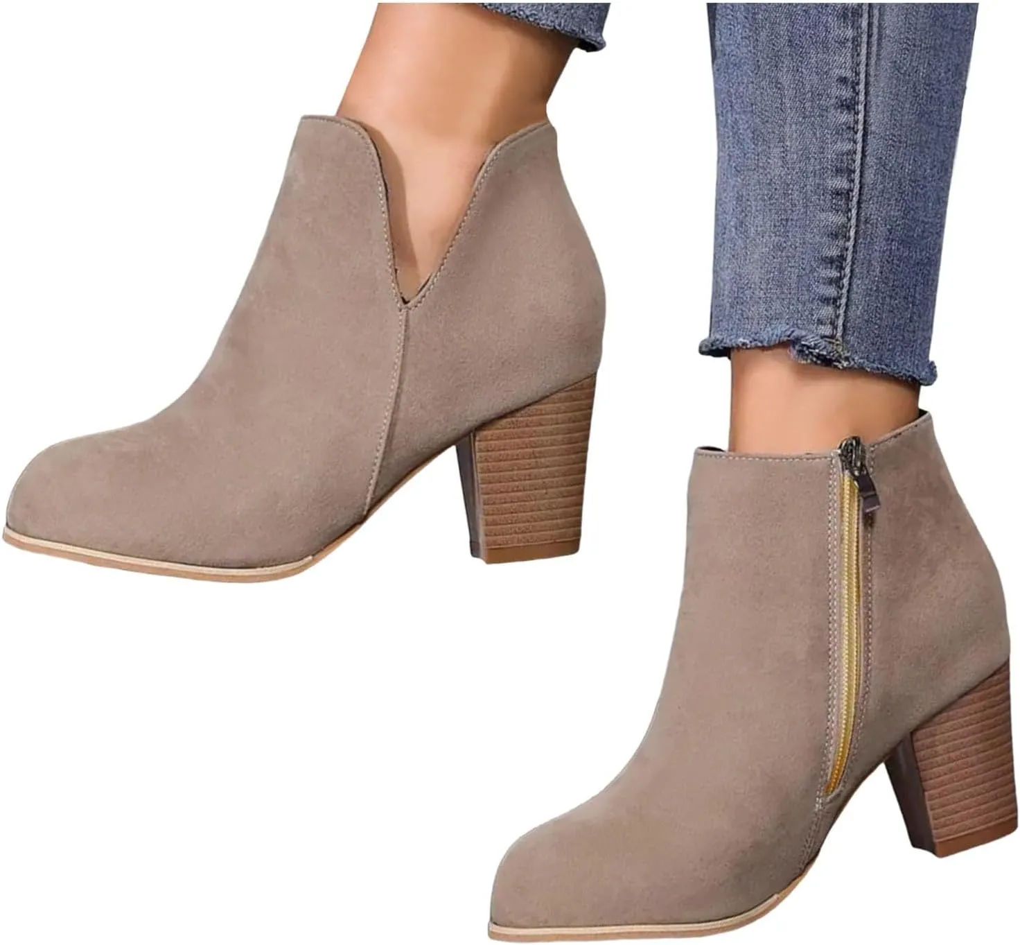 AMDBEL Fall Boots for Women 2024, Women's Ankle Boots V Cut Chelsea Pump Boots Closed Toe Stacked Heel Booties Shoes