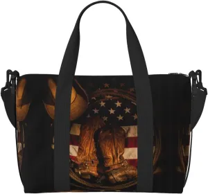 American Flag With Cowboy Boots Hand Travel Bag For Men Women,Stylish Handheld Crossbody Travel Bag For Business Leisure Trave