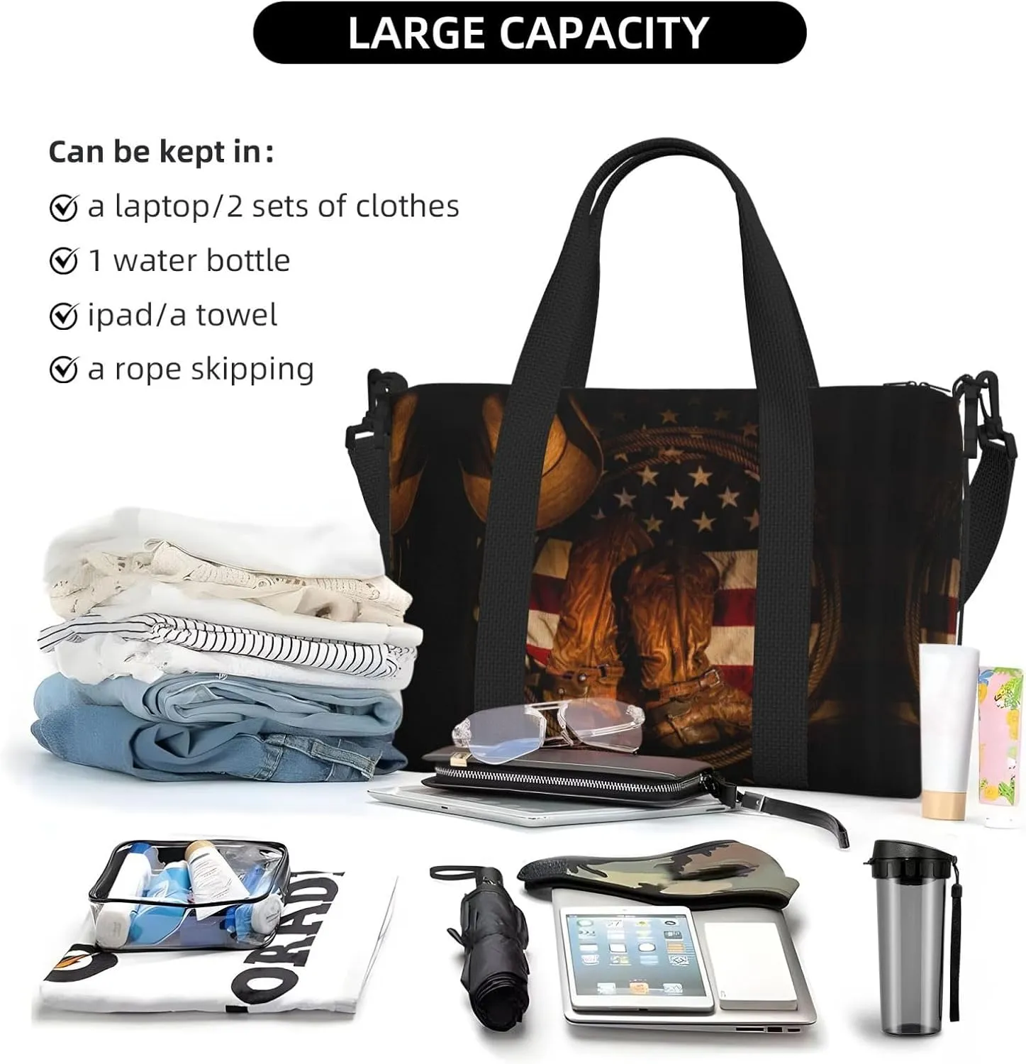 American Flag With Cowboy Boots Hand Travel Bag For Men Women,Stylish Handheld Crossbody Travel Bag For Business Leisure Trave