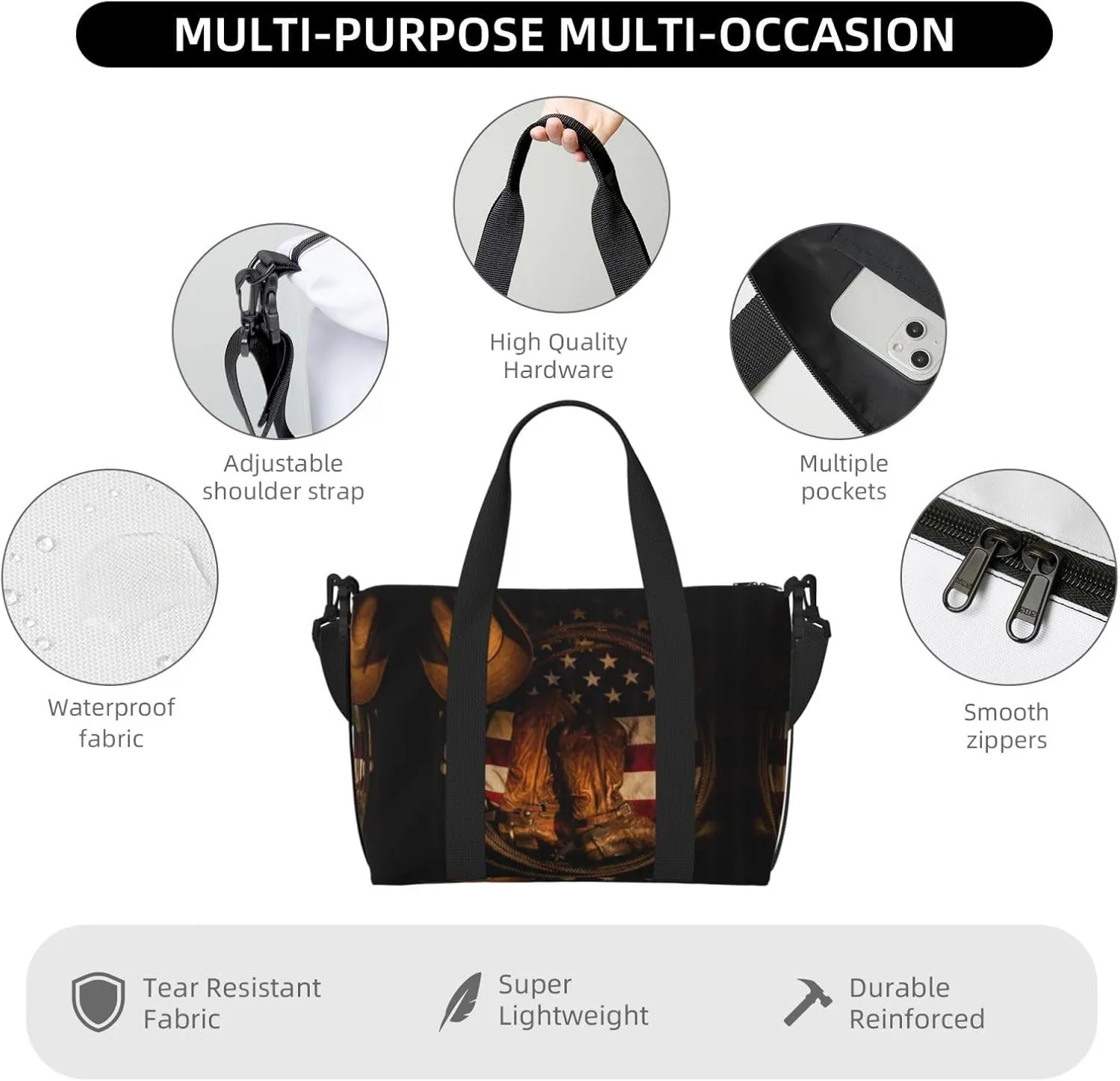 American Flag With Cowboy Boots Hand Travel Bag For Men Women,Stylish Handheld Crossbody Travel Bag For Business Leisure Trave