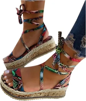 Aniywn Women Lace Up Platform Sandals Open Toe Ankle Strap Casual Espadrilles Sandals Summer High Heel Sandals