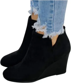 Ankle Booties for Women V Cut,Women's Wedges Ankle Boots Retro Cutout Comfy Short Boots Stacked Chunky Block Heels Shoes
