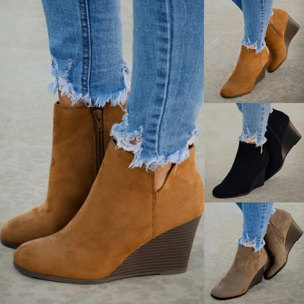 Ankle Booties for Women V Cut,Women's Wedges Ankle Boots Retro Cutout Comfy Short Boots Stacked Chunky Block Heels Shoes