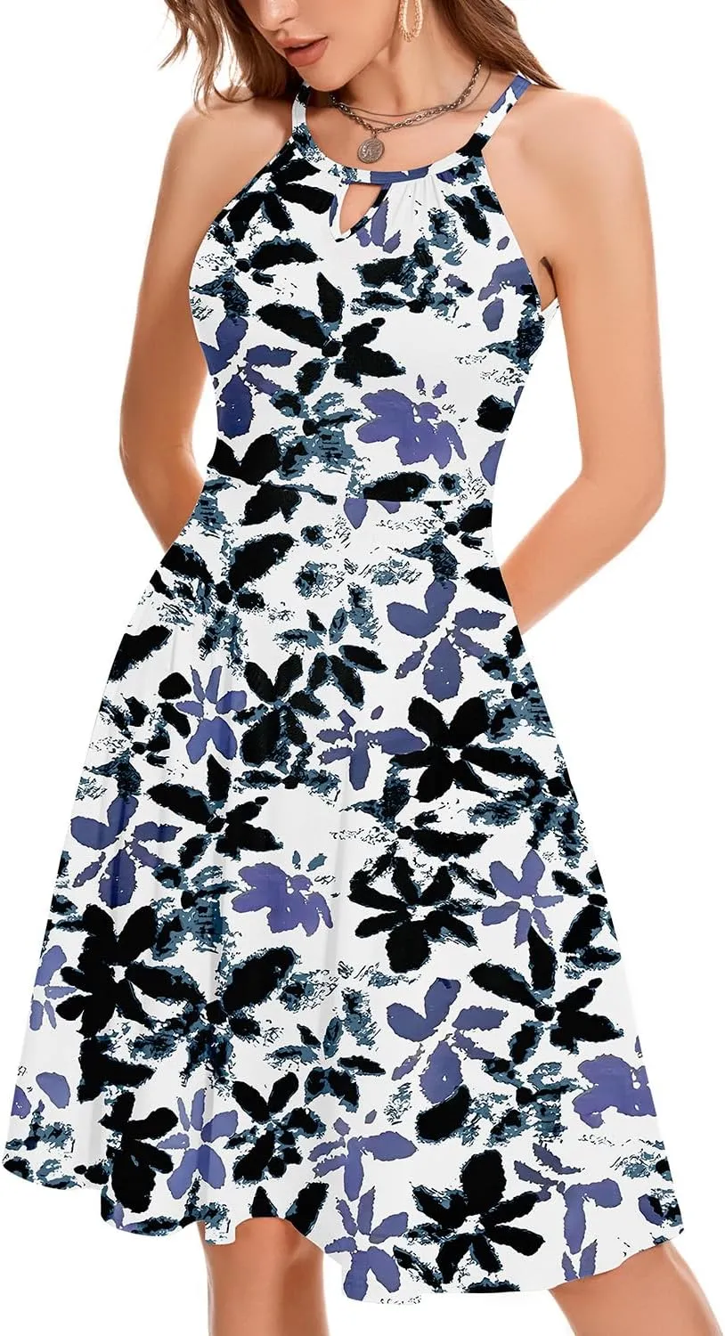 ANYFITTING Built in Bra Halter Dresses for Women 2025 Summer Pockets Dress Flowy Midi Sundresses Beach Vacation