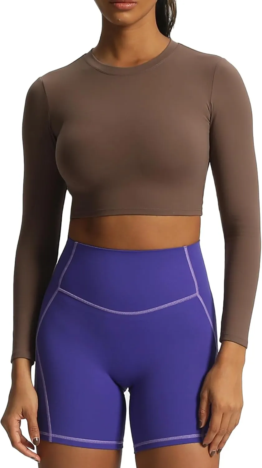 Aoxjox Long Sleeve Crop Tops for Women Classic Longline Workout Cropped T Shirt Top Length