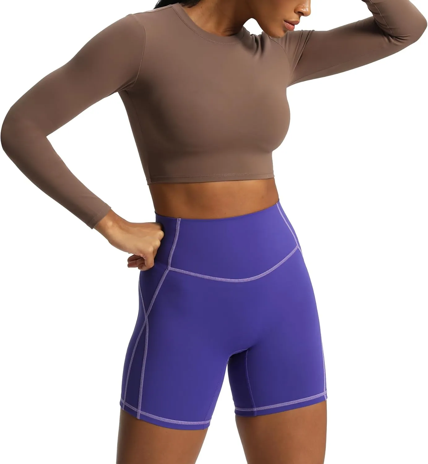 Aoxjox Long Sleeve Crop Tops for Women Classic Longline Workout Cropped T Shirt Top Length