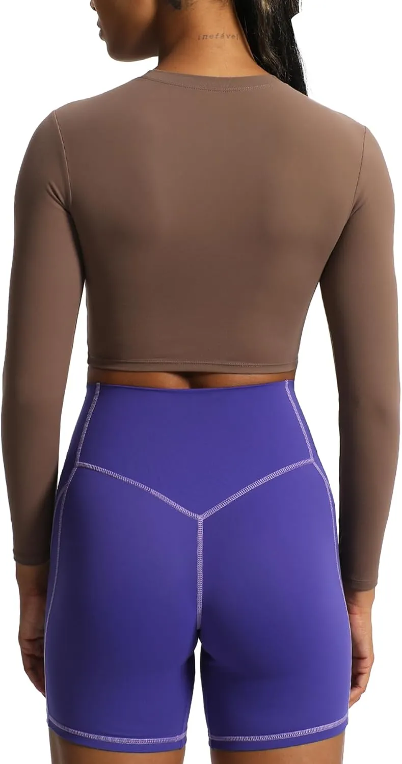 Aoxjox Long Sleeve Crop Tops for Women Classic Longline Workout Cropped T Shirt Top Length