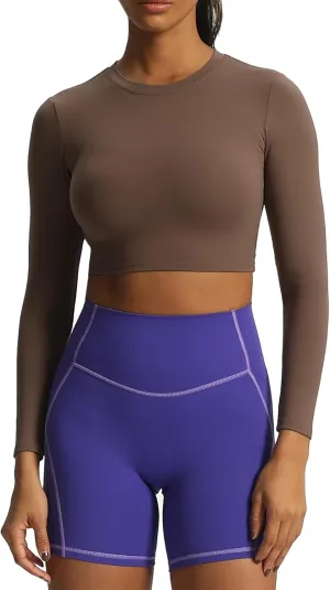Aoxjox Long Sleeve Crop Tops for Women Classic Longline Workout Cropped T Shirt Top Length