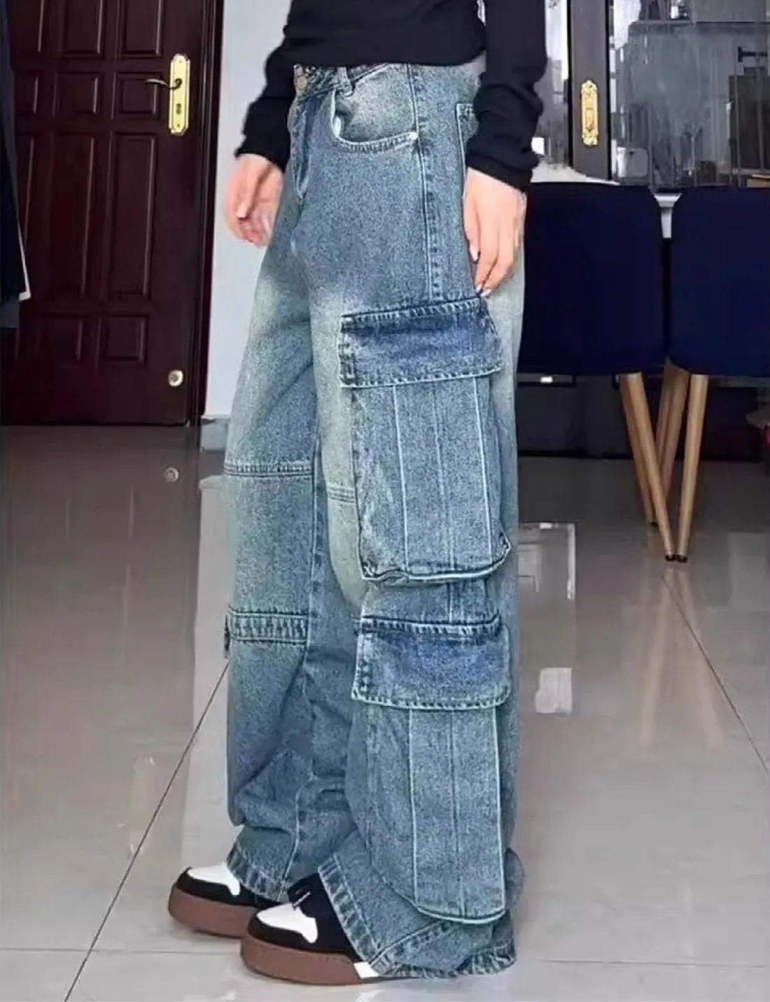Baggy Cargo Pants for Men Women Wide Leg Jeans Y2k Hip Hop High Waisted Pants Casual Streetwear Grunge Clothes Black