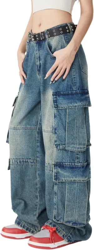 Baggy Cargo Pants for Men Women Wide Leg Jeans Y2k Hip Hop High Waisted Pants Casual Streetwear Grunge Clothes Black
