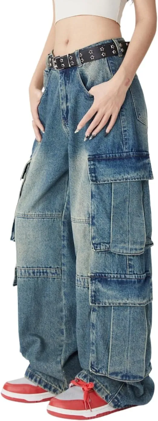 Baggy Cargo Pants for Men Women Wide Leg Jeans Y2k Hip Hop High Waisted Pants Casual Streetwear Grunge Clothes Black