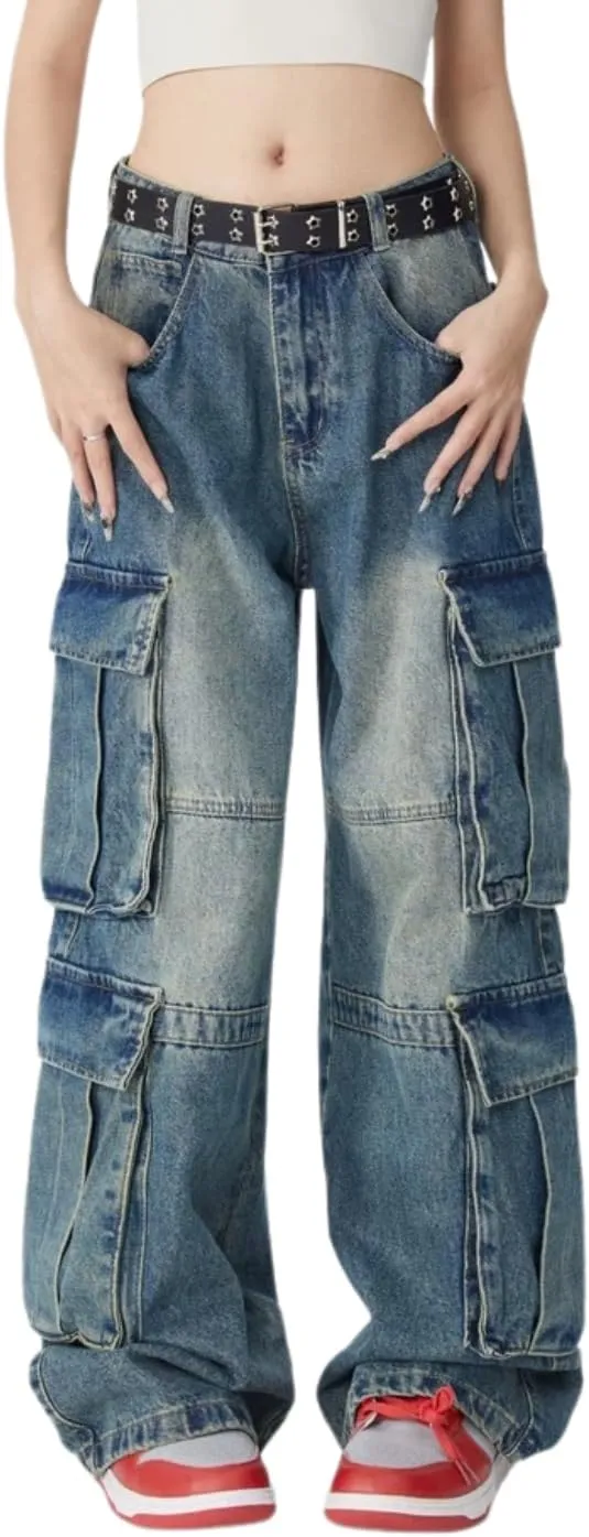 Baggy Cargo Pants for Men Women Wide Leg Jeans Y2k Hip Hop High Waisted Pants Casual Streetwear Grunge Clothes Black