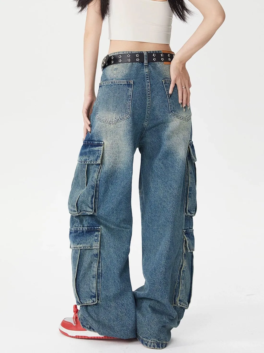 Baggy Cargo Pants for Men Women Wide Leg Jeans Y2k Hip Hop High Waisted Pants Casual Streetwear Grunge Clothes Black