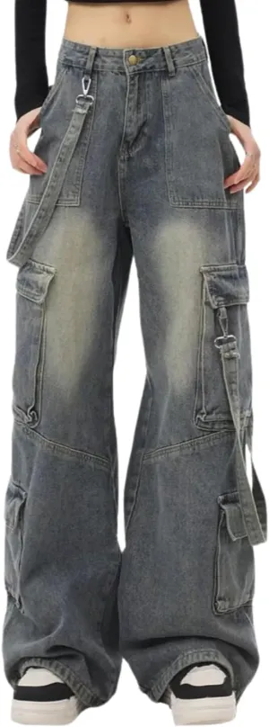 Baggy Cargo Pants for Women Girls Wide Leg Jeans Y2k Hip Hop Streetwear Low Rise Oversized Jeans Grunge Clothes Blue