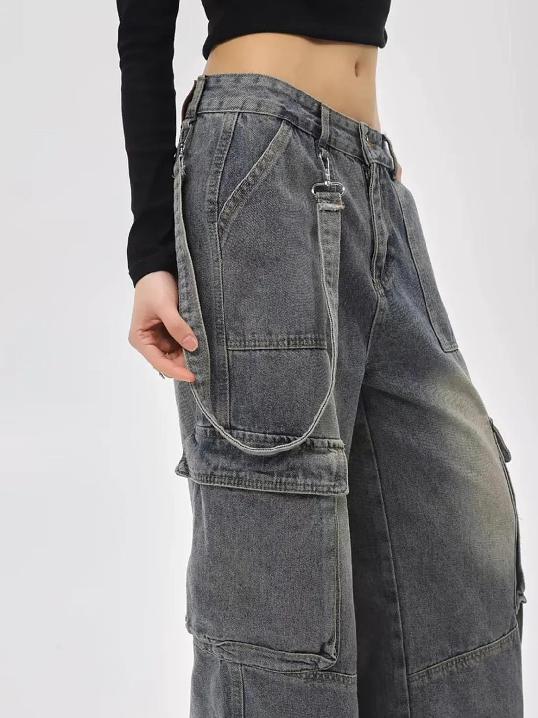 Baggy Cargo Pants for Women Girls Wide Leg Jeans Y2k Hip Hop Streetwear Low Rise Oversized Jeans Grunge Clothes Blue