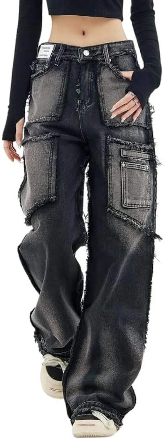 Baggy Cargo Pants for Women Girls Wide Leg Jeans Y2k Hip Hop Streetwear Low Rise Oversized Jeans Grunge Clothes Blue