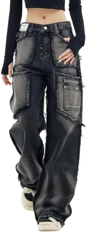 Baggy Cargo Pants for Women Girls Wide Leg Jeans Y2k Hip Hop Streetwear Low Rise Oversized Jeans Grunge Clothes Blue