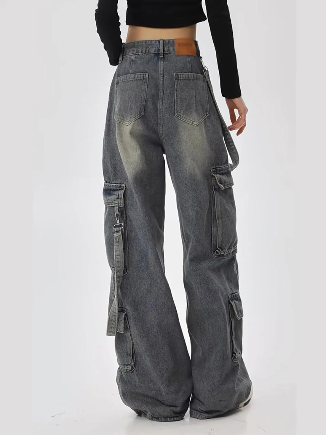 Baggy Cargo Pants for Women Girls Wide Leg Jeans Y2k Hip Hop Streetwear Low Rise Oversized Jeans Grunge Clothes Blue