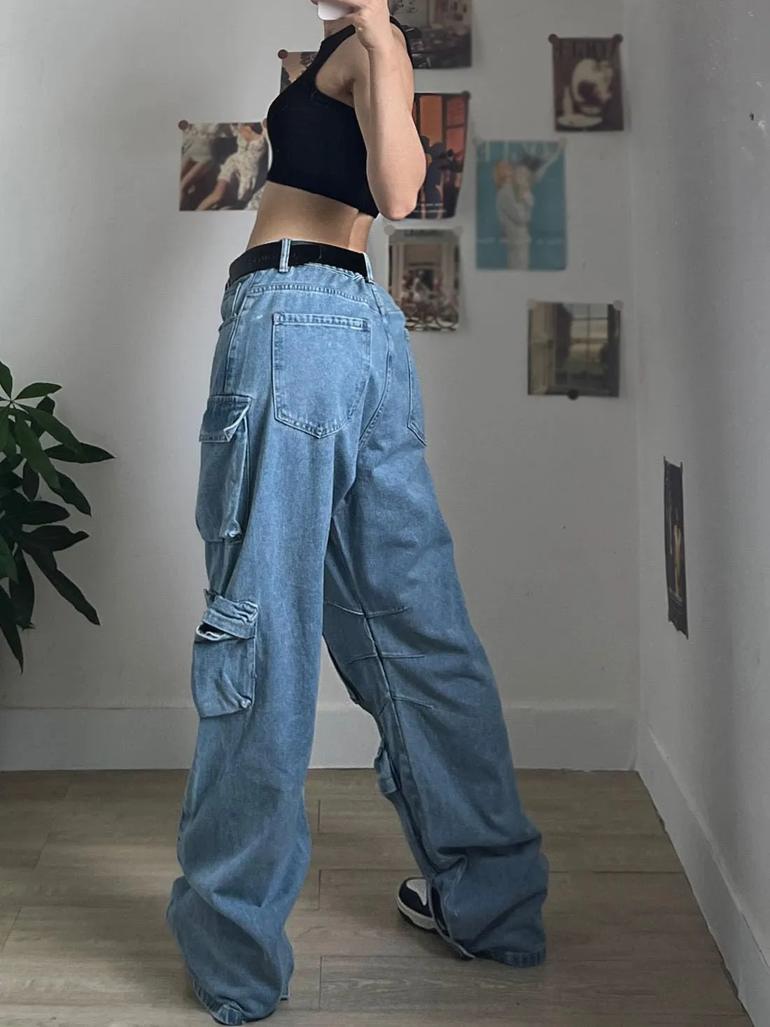 Baggy Cargo Pants for Women Girls Wide Leg Jeans Y2k Hip Hop Streetwear Low Rise Oversized Jeans Grunge Clothes Blue