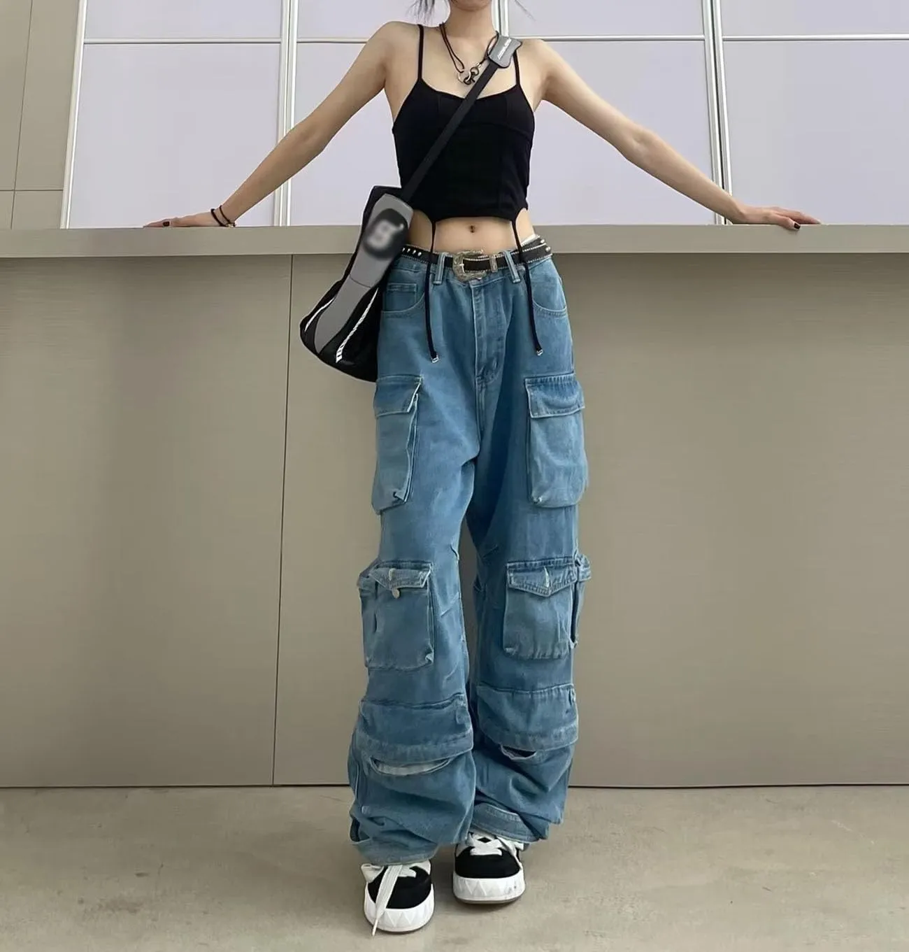 Baggy Cargo Pants for Women Girls Wide Leg Jeans Y2k Hip Hop Streetwear Low Rise Oversized Jeans Grunge Clothes Blue