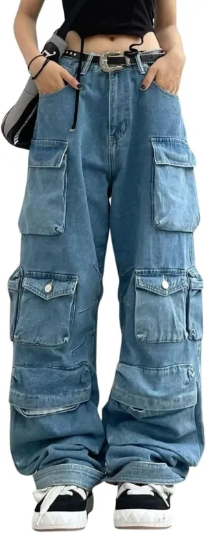 Baggy Cargo Pants for Women Girls Wide Leg Jeans Y2k Hip Hop Streetwear Low Rise Oversized Jeans Grunge Clothes Blue