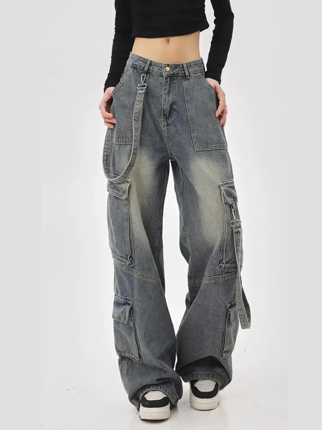 Baggy Cargo Pants for Women Girls Wide Leg Jeans Y2k Hip Hop Streetwear Low Rise Oversized Jeans Grunge Clothes Blue